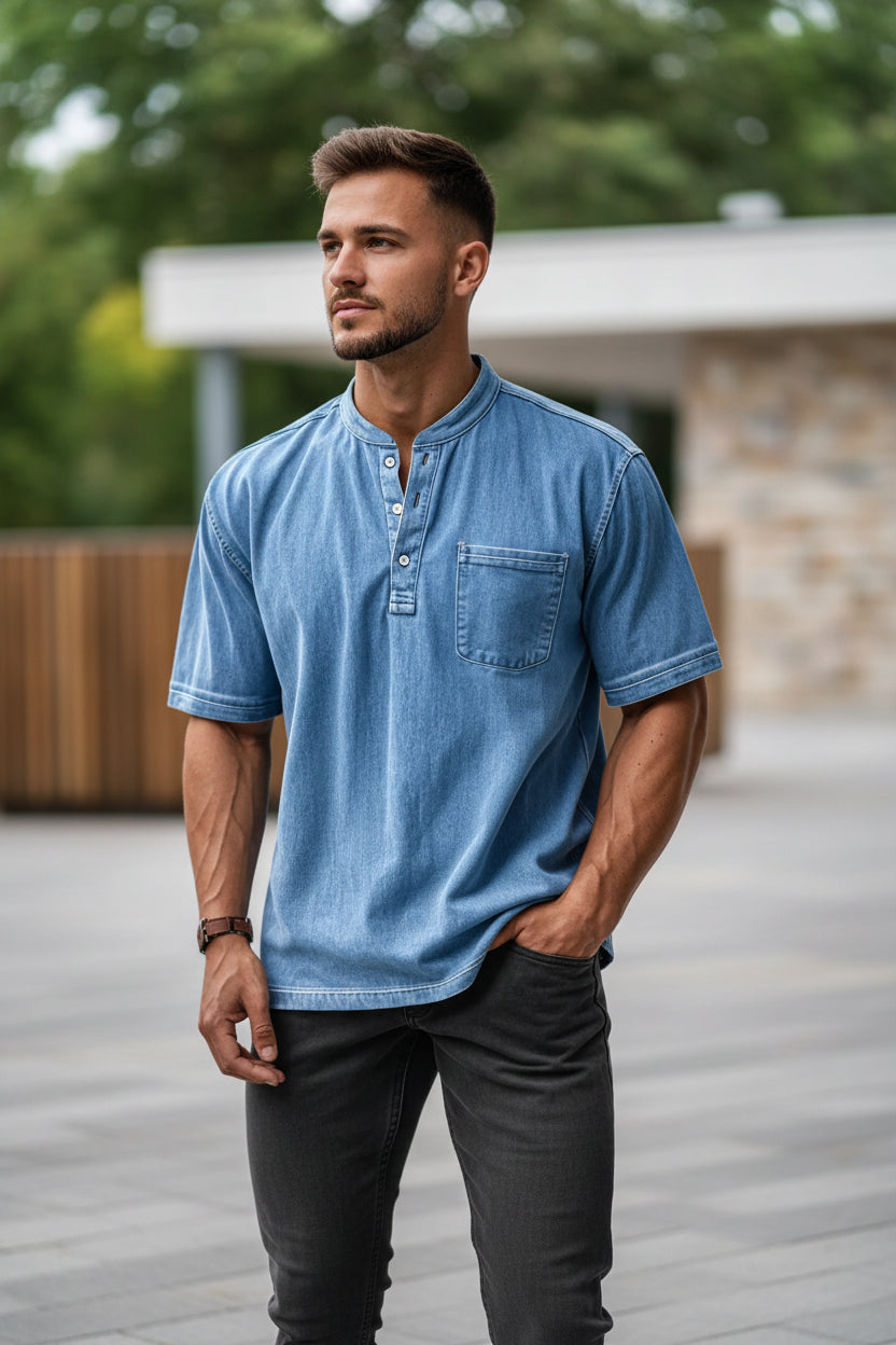 Men's Plus Size Short Sleeve Button Detail Top for Comfortable Casual Wear