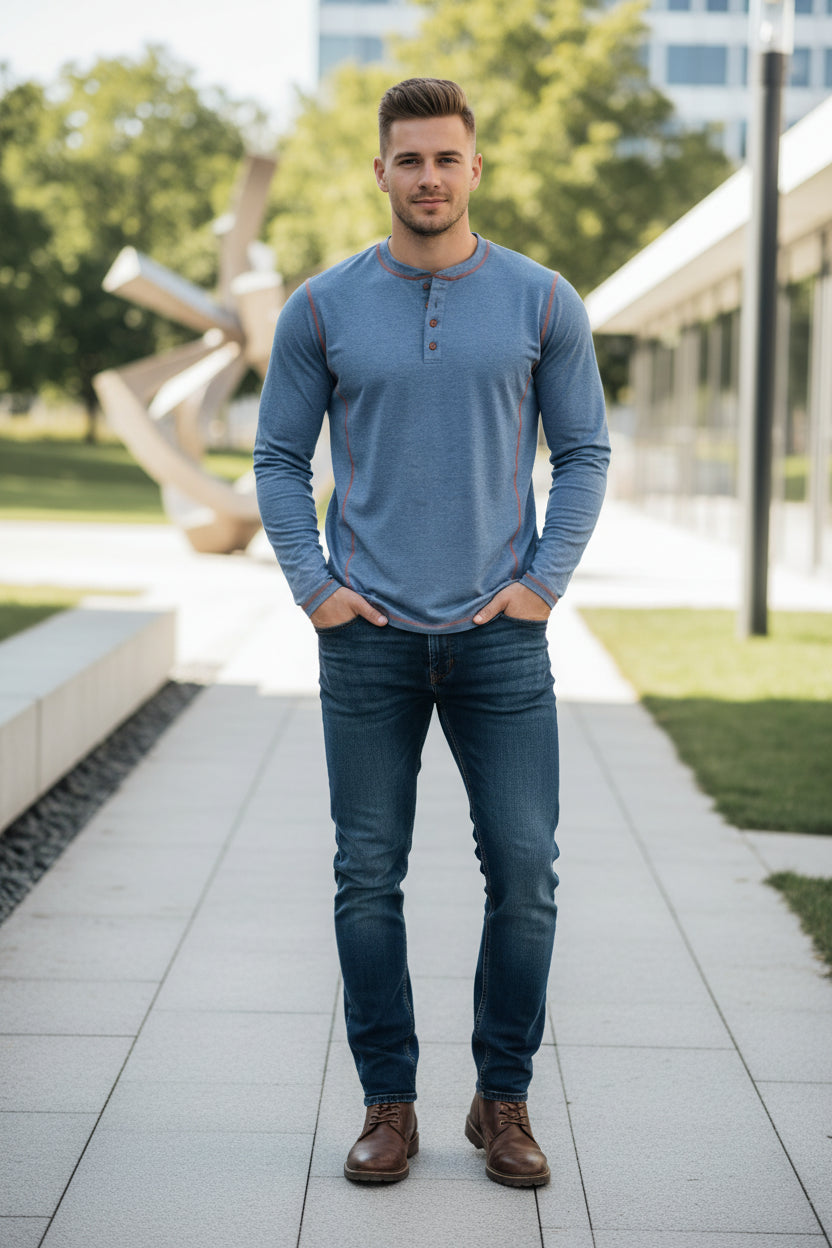 Men's Plus Size Casual Long Sleeve T-Shirt with Button Detail