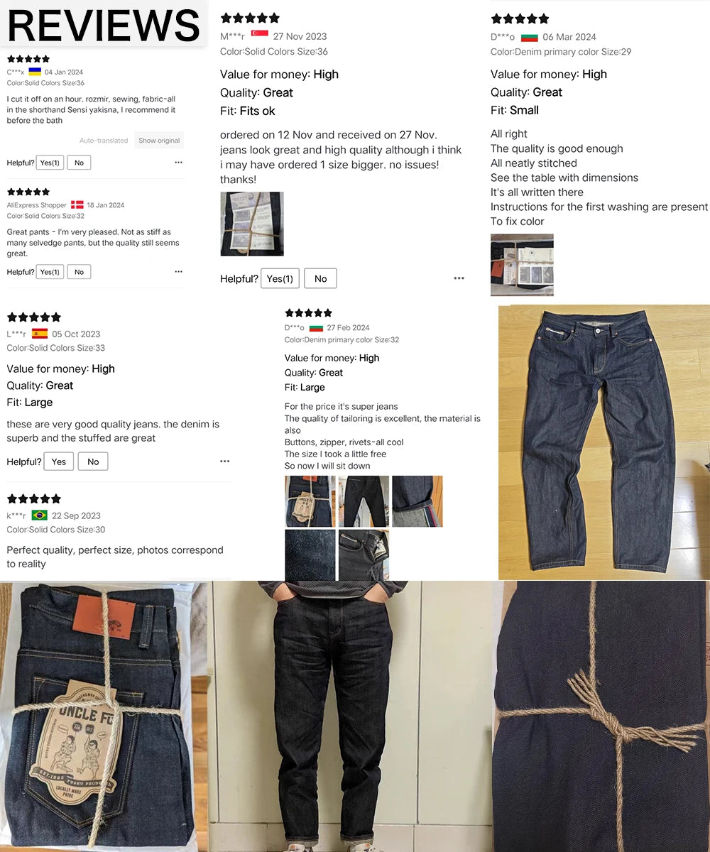 Collage of denim jeans with customer reviews and product images.