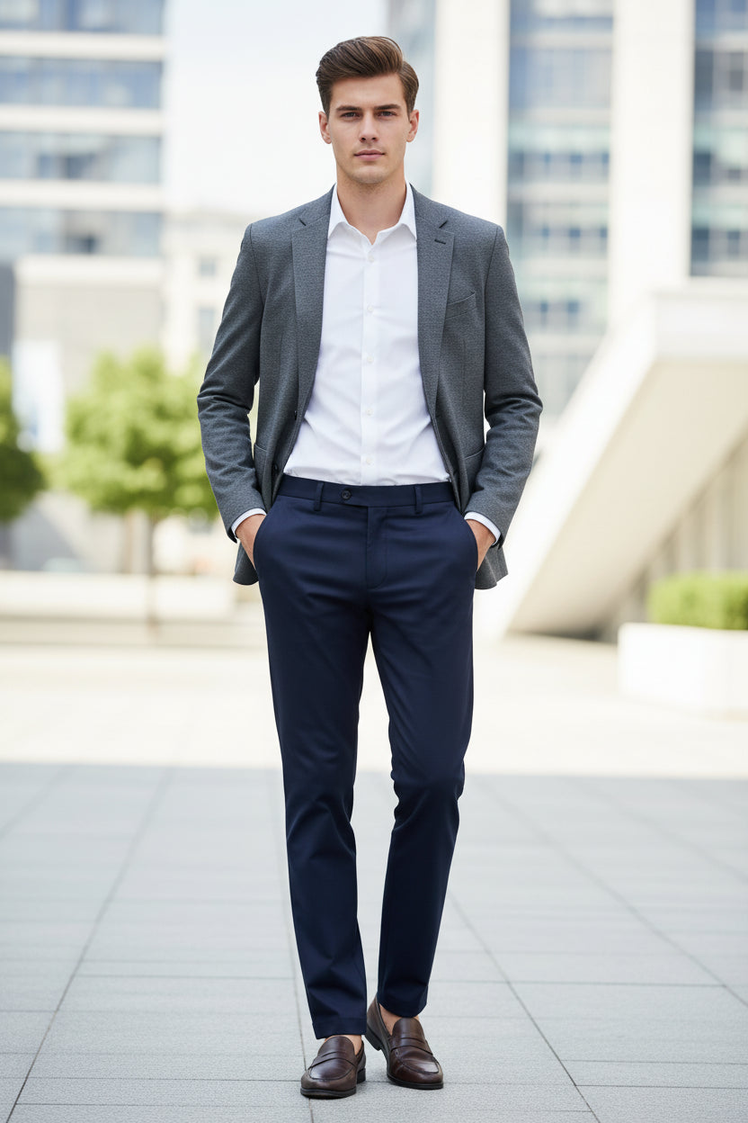 Close-up of a dark blue pants with a brand logo wearing outside