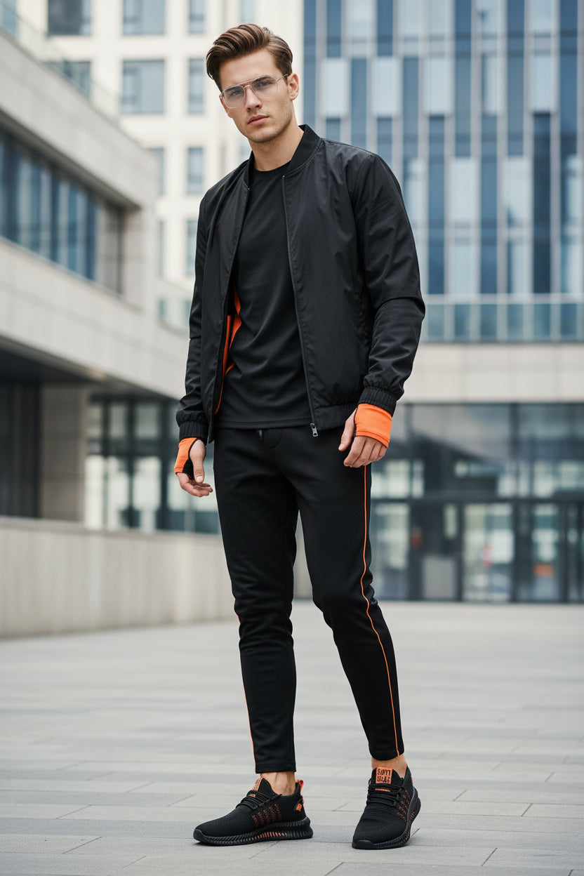 Black sneaker with orange accents on a white background