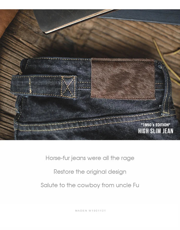 Close-up of a high slim jean with horse fur patch on a wooden surface