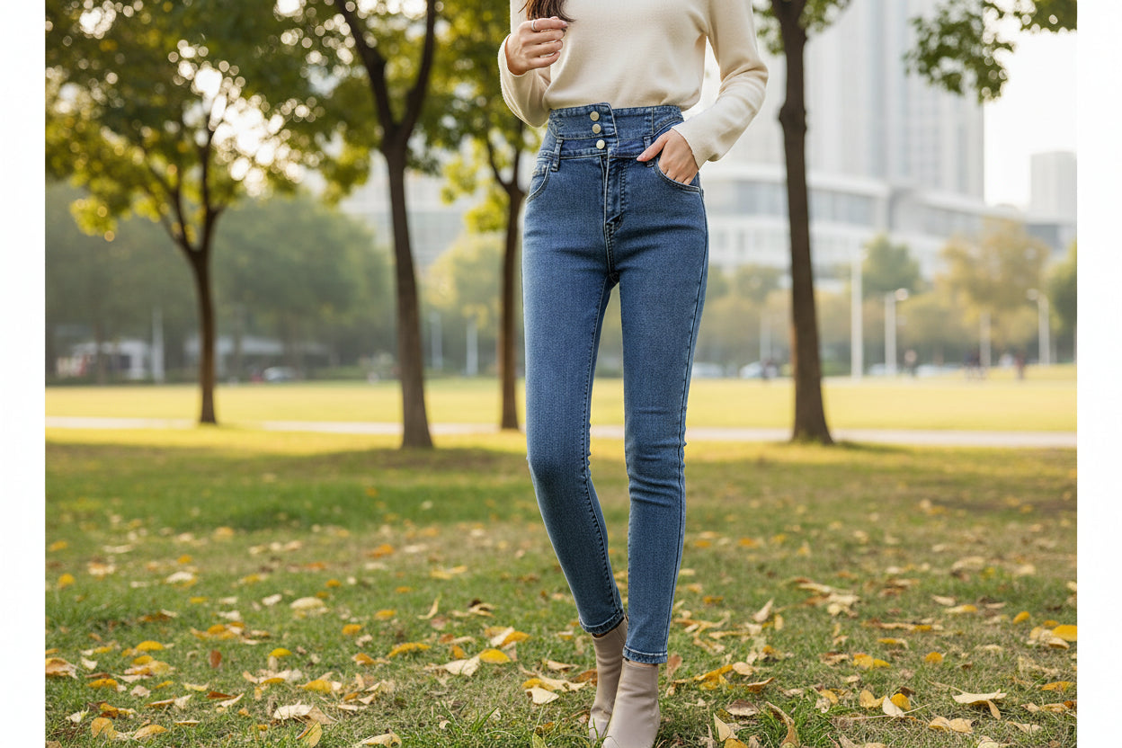 Blue jeans with gray lining on a gray background