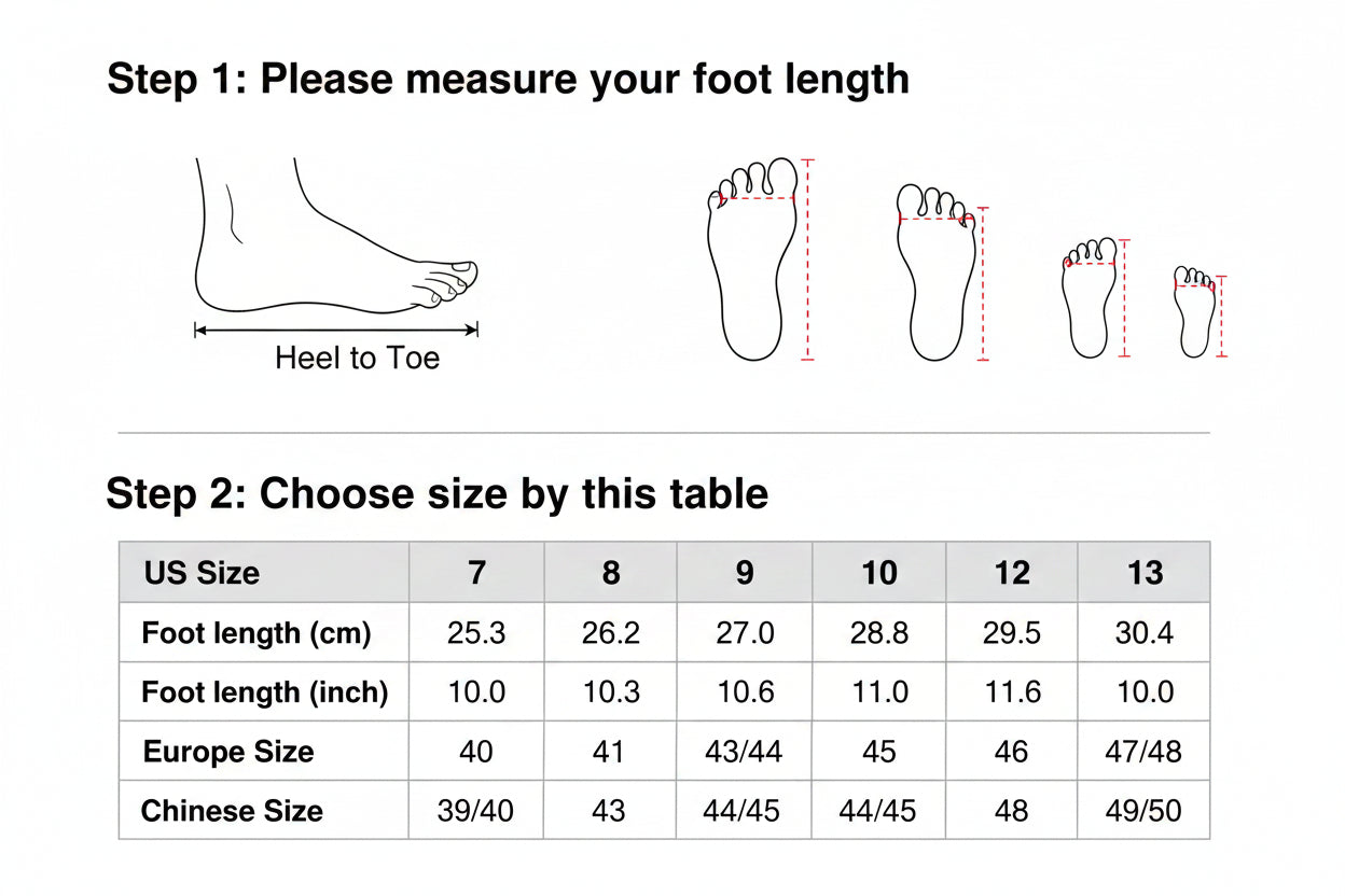 Instructions for measuring foot length and choosing shoe size with a chart.
