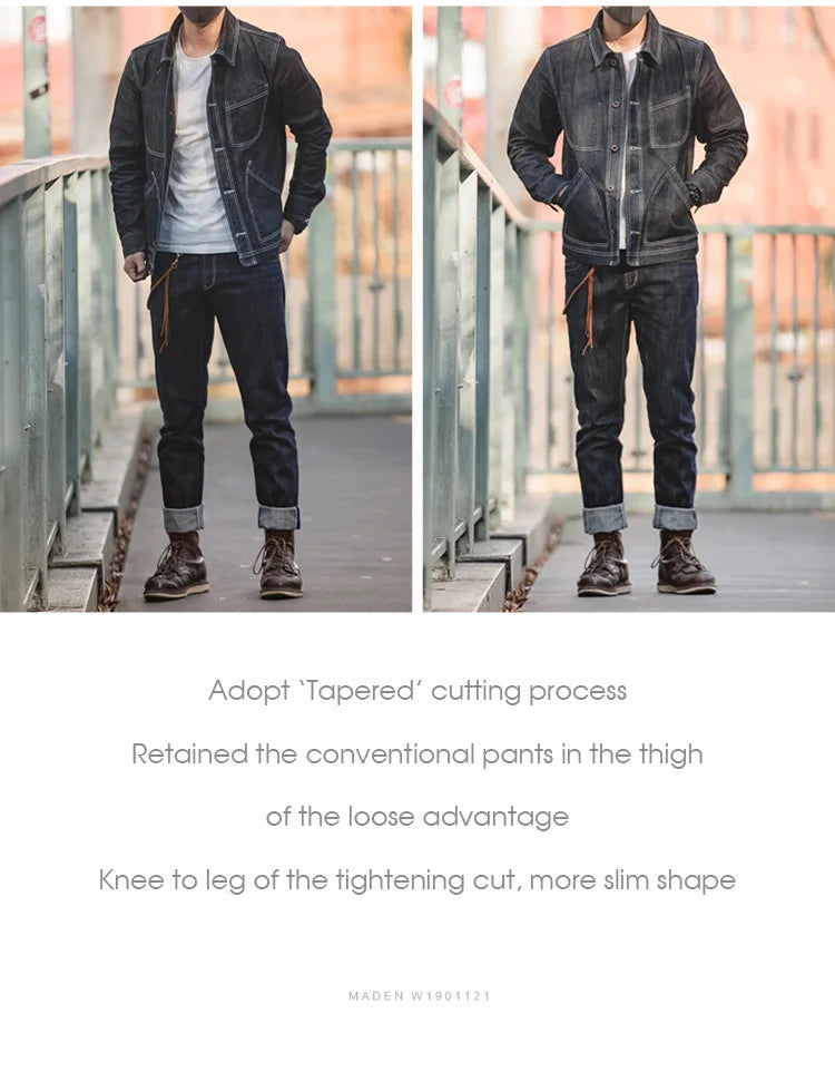Two images of a person wearing dark denim jeans and a jacket on a bridge.