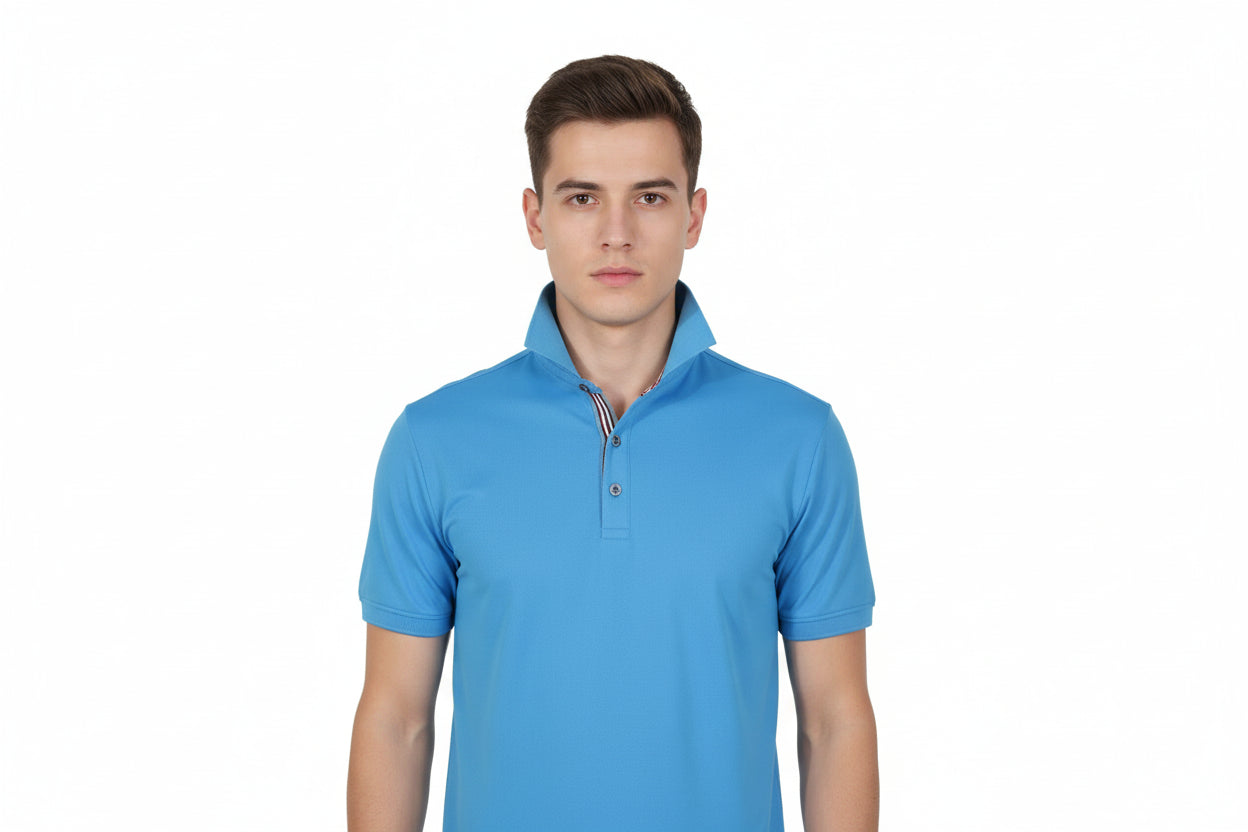 Blue polo shirt on a white background
