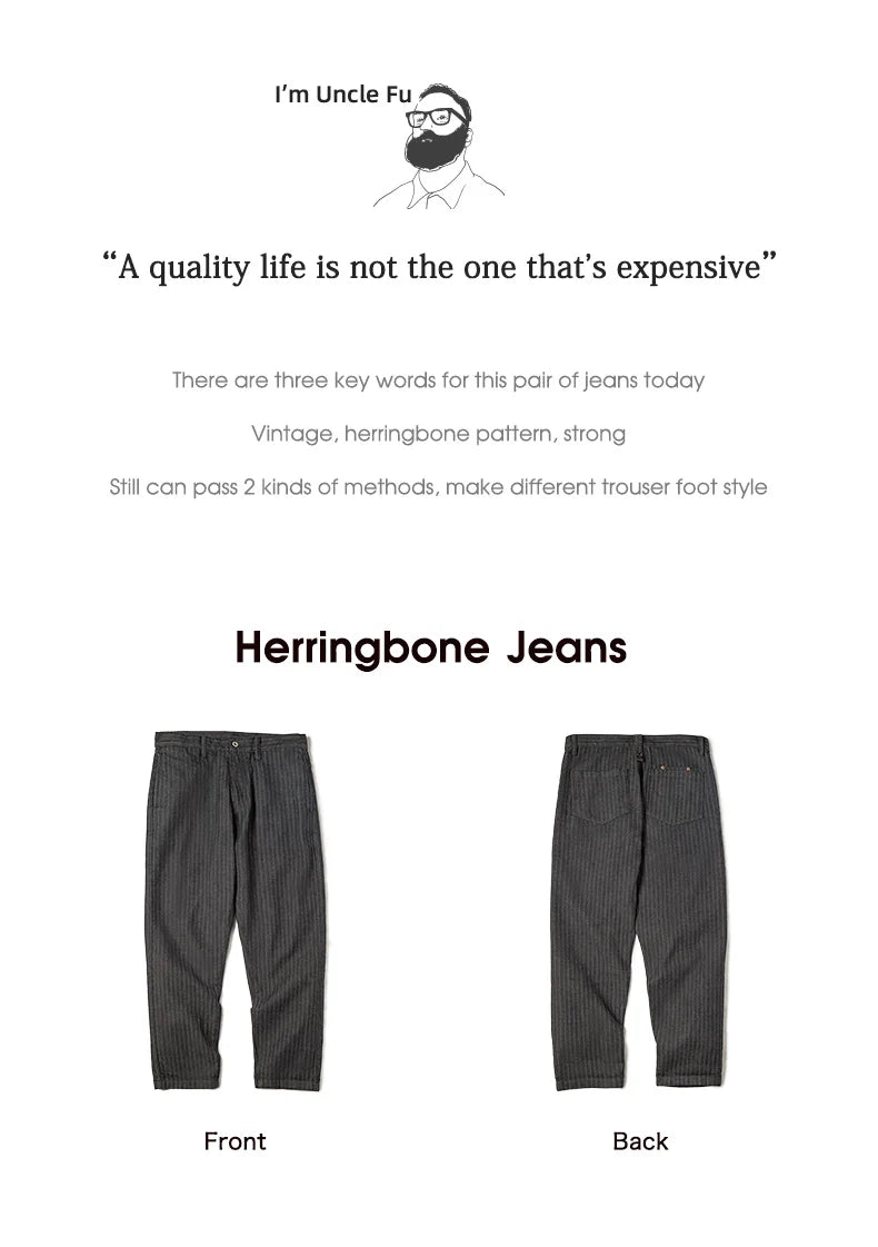 Herringbone jeans displayed with front and back views on a white background, featuring text about the jeans' qualities.