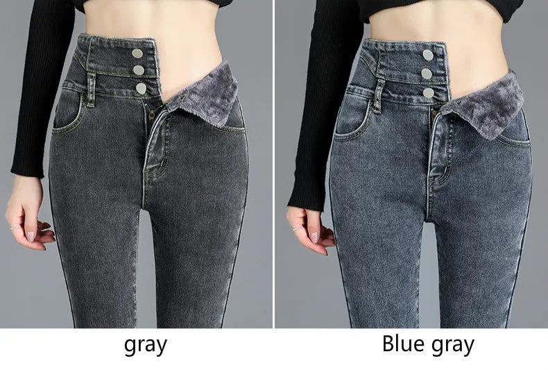 High-Waist Thermal Fleece Skinny Jeans for Women - Warm Stretch Velvet Pencil Pants
