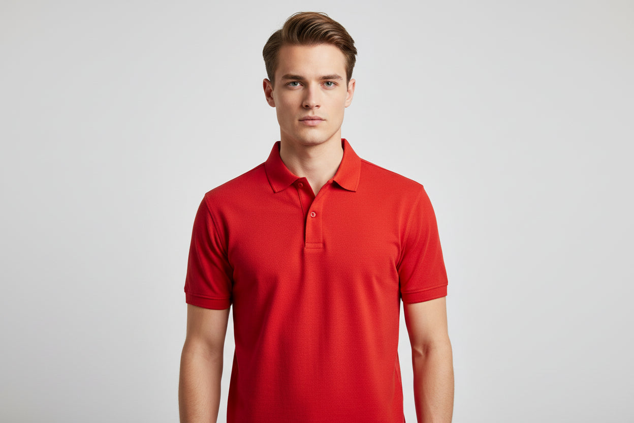 Red polo shirt shown from front and back on a white background