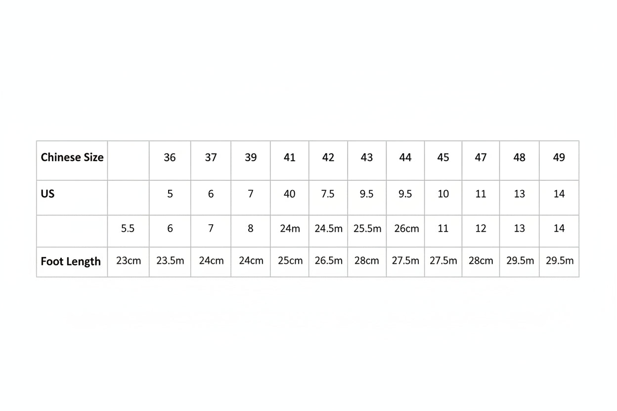 Table showing shoe size conversions with foot length measurements.