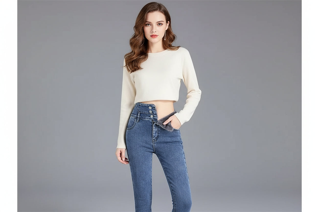 Blue jeans with gray lining on a gray background