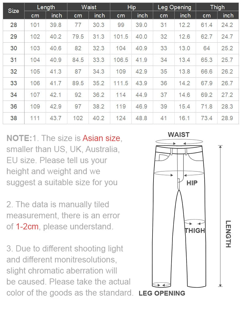 Measurement chart for pants with size details and a diagram of measurements.