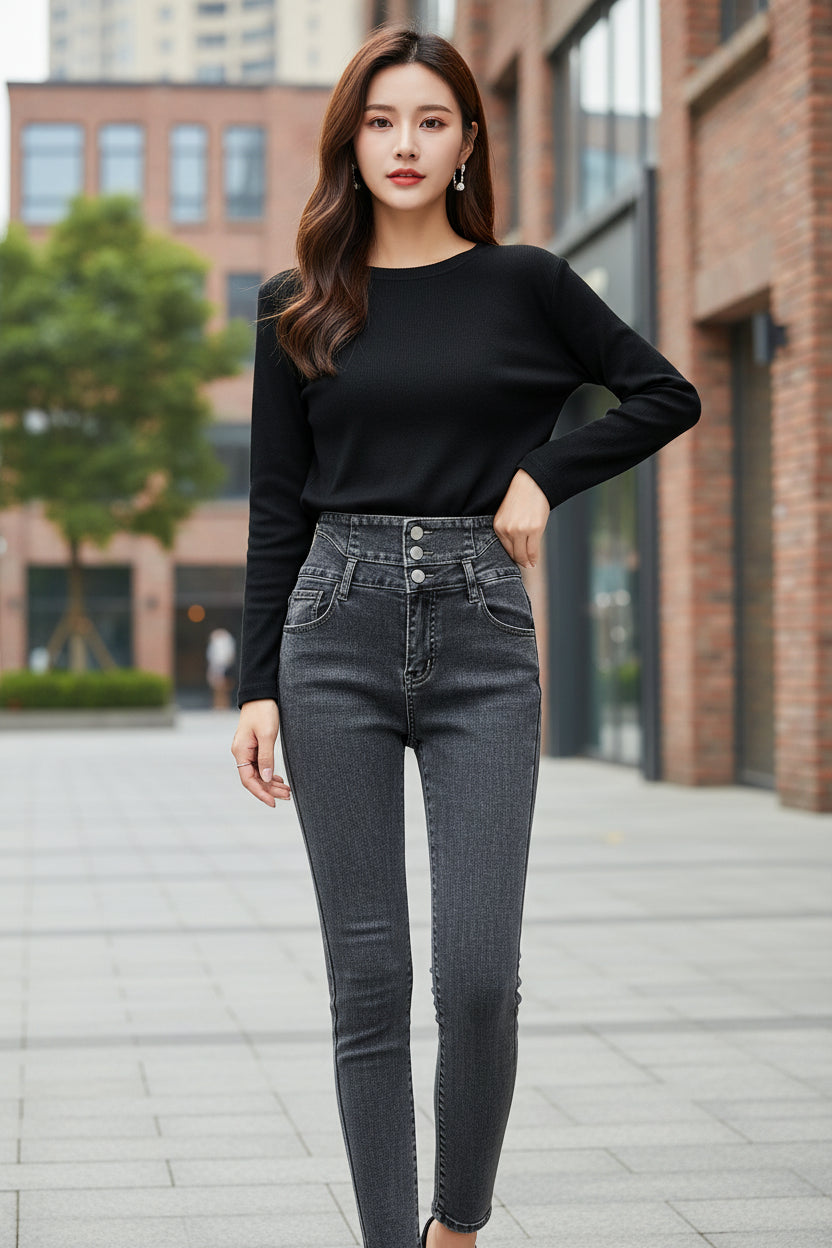 Gray jeans with a textured collar on a gray background