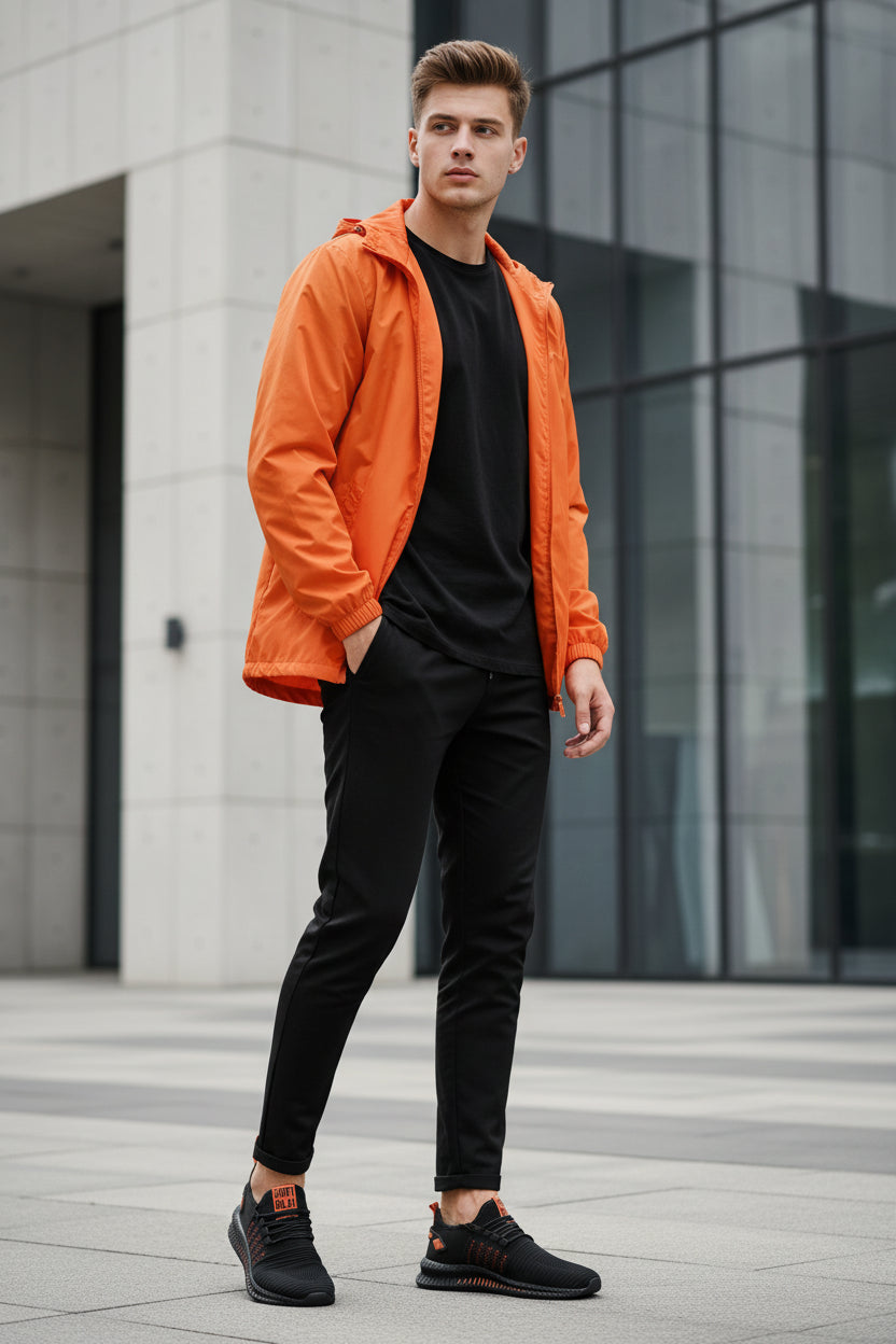 Black sneakers with orange accents on a dark background