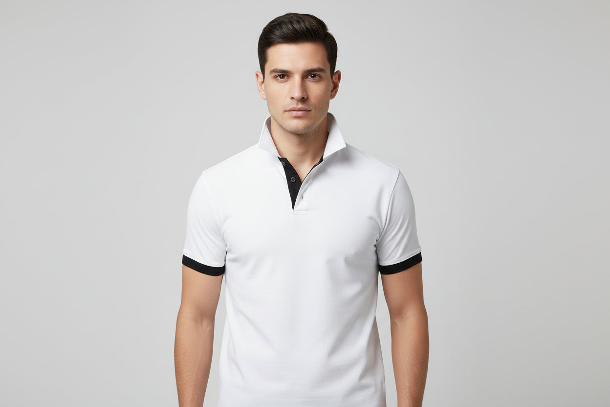 White polo shirt with black accents on a white background
