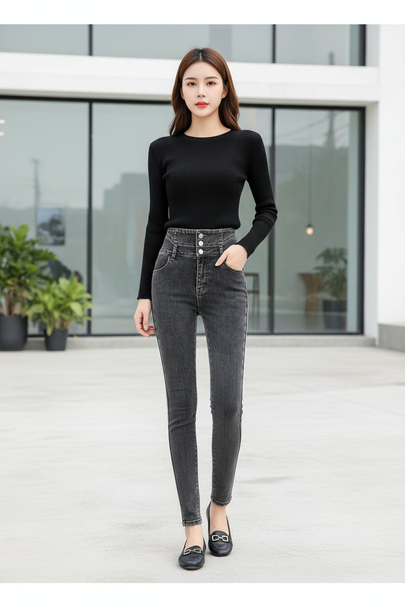 Gray jeans with a textured waistband on a gray background