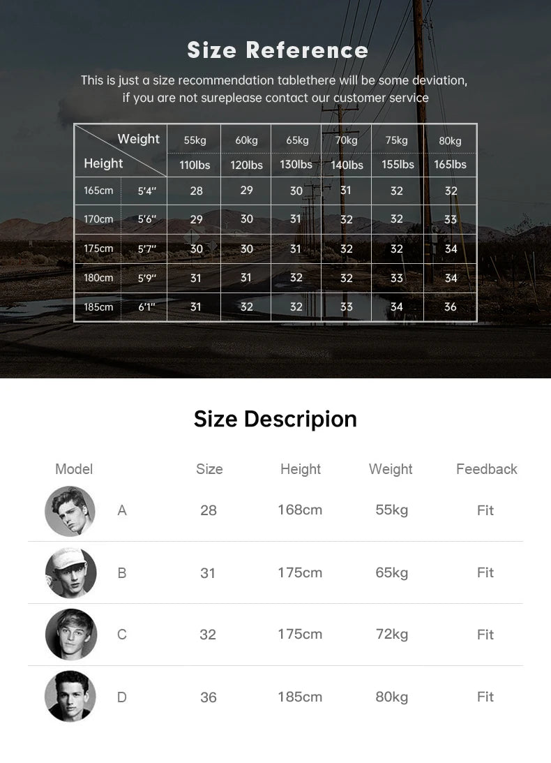 Size reference chart and description for clothing with a scenic background