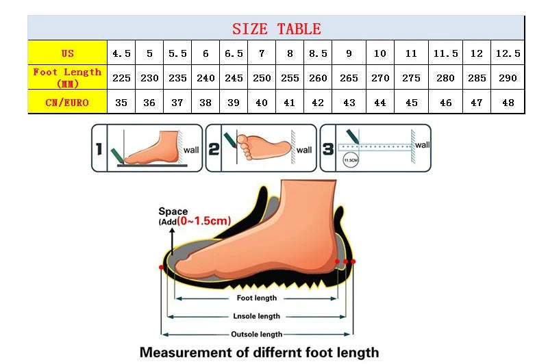 Foot measurement chart with size table and foot length diagram