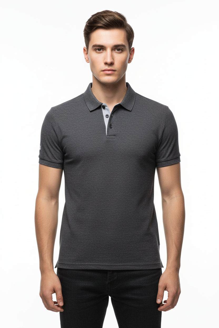 Gray polo shirt with a collar on a white background