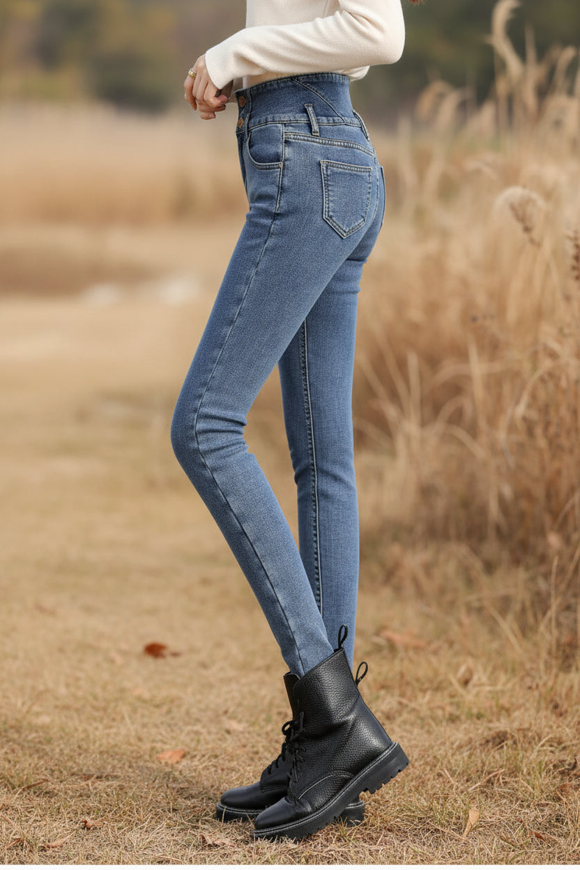 Person wearing blue jeans and black boots on a gray background