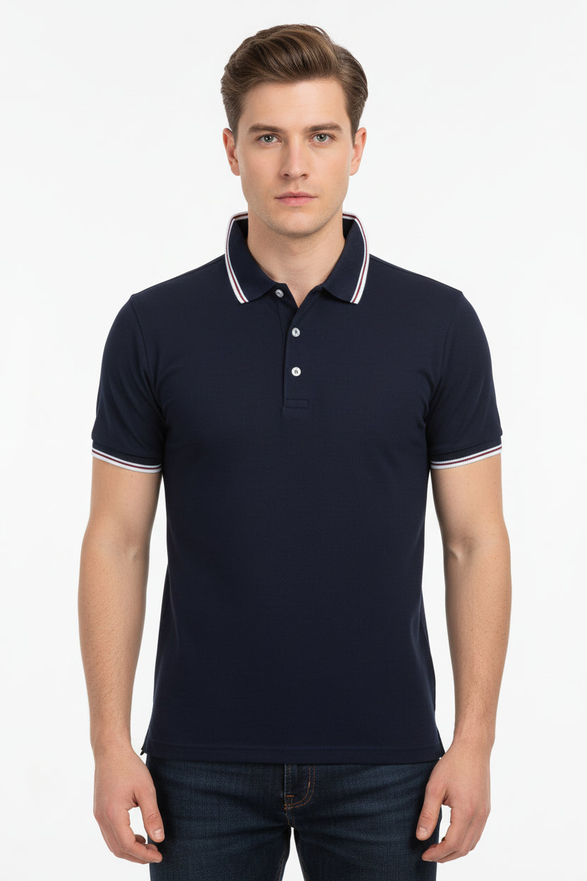 Navy blue polo shirt shown from front and back on a white background