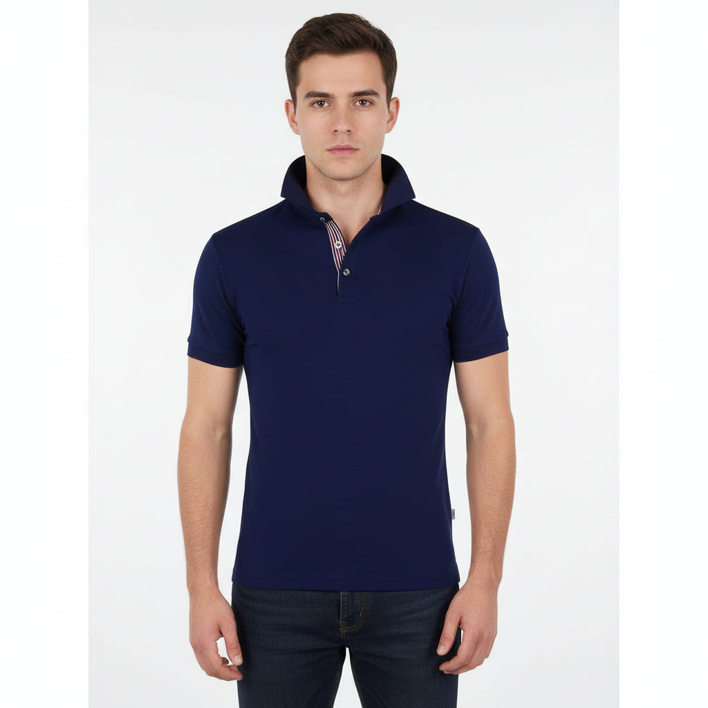 Navy blue polo shirt shown from front and back on a white background