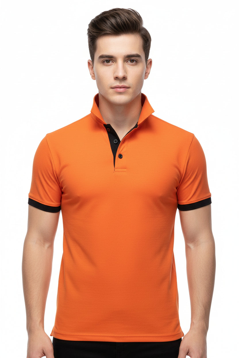 Orange polo shirt with black accents on a white background