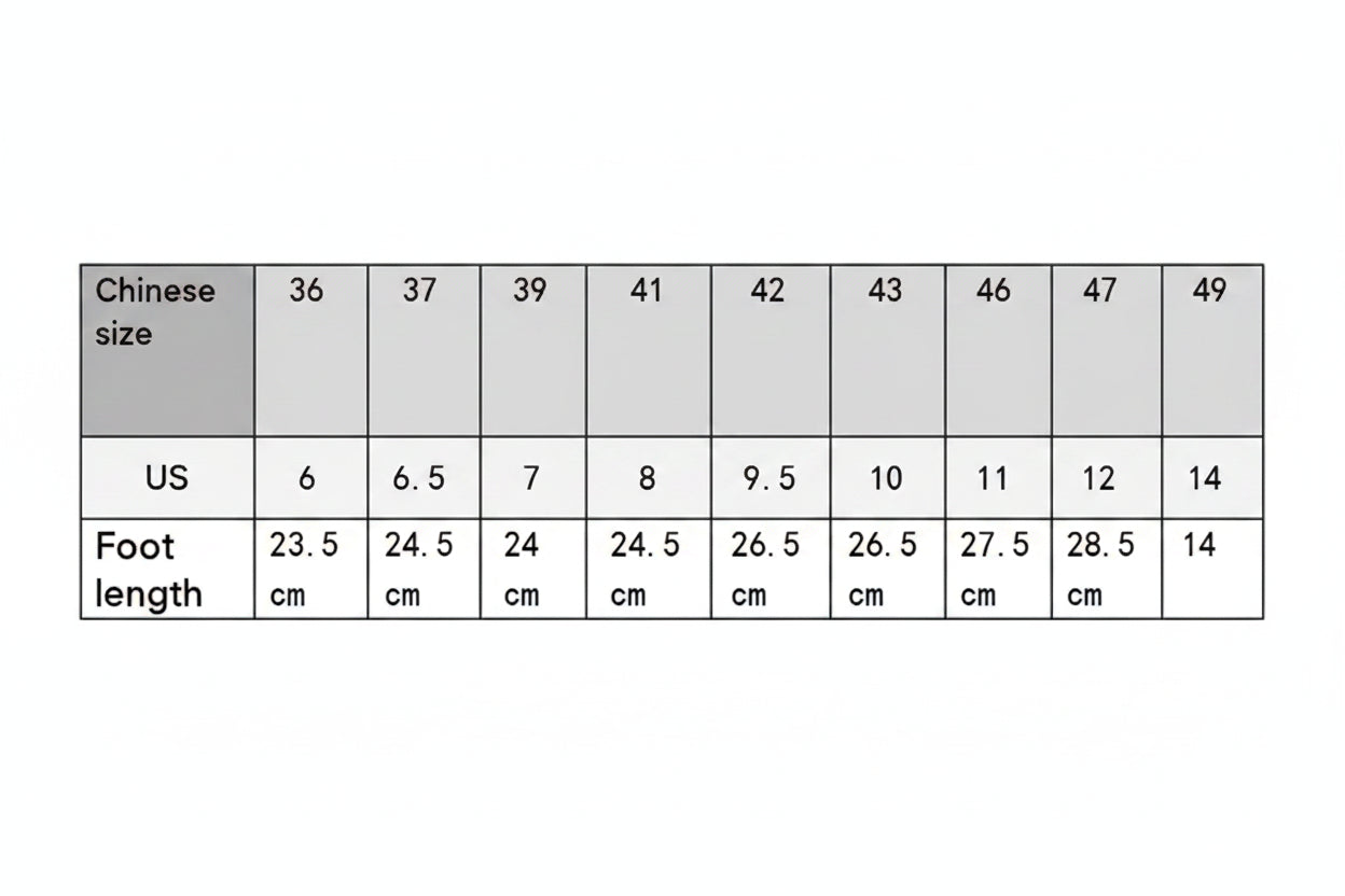 Table showing shoe size conversions with foot length measurements.