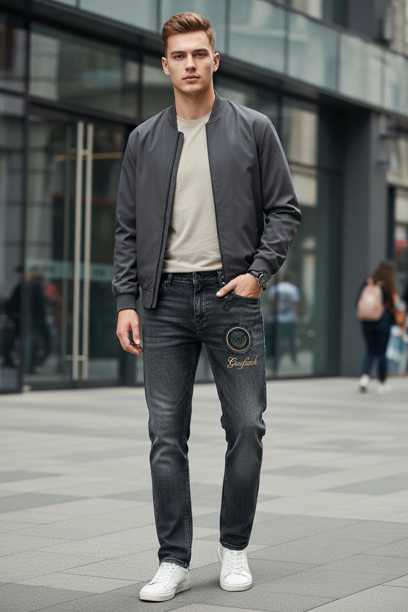 High-End Slim Fit Embroidered Jeans for Men - Casual Autumn Style