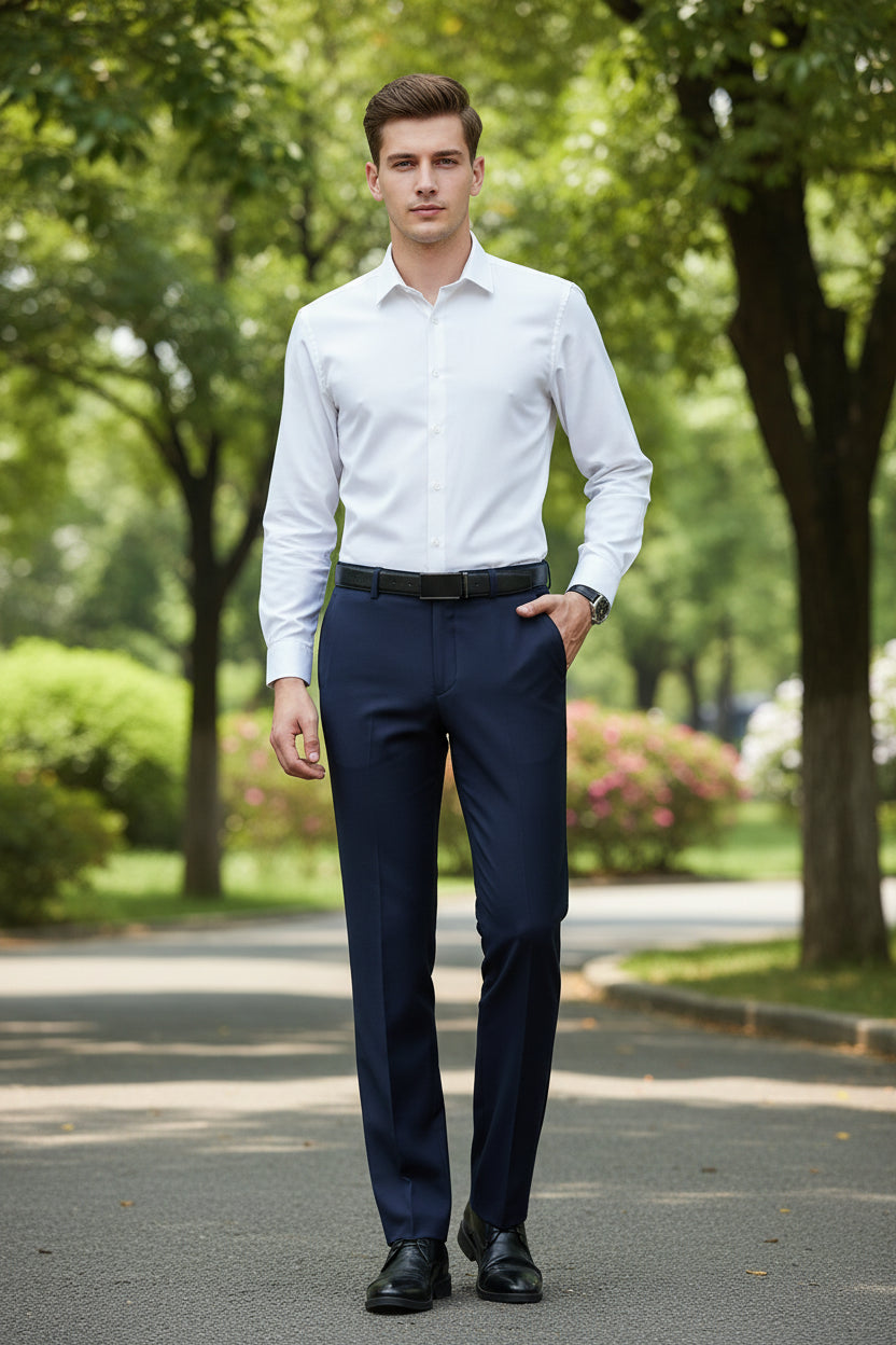 Navy blue pants worn by a person on a white background with text indicating 'Flat front' and 'Thin Fabric for Summer'.