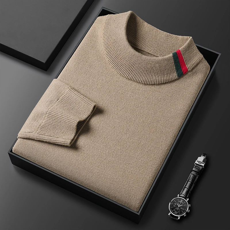 Autumn and Winter New Luxury Cashmere Sweater Men's Half High Collar Sweater High End Base Knitted Warm Wool Sweater Trendy