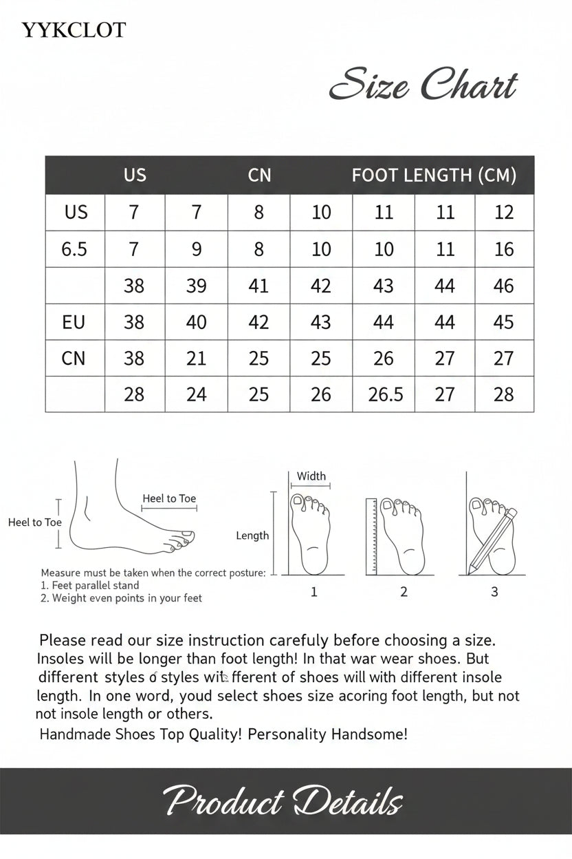 Size chart for shoes with foot measurement instructions and YYKCLOT branding.