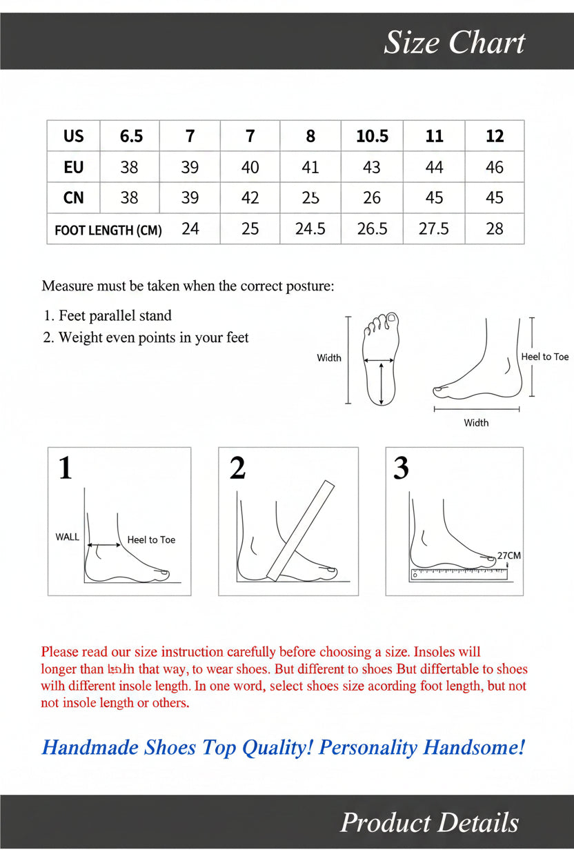 Size chart for shoes with foot measurement instructions and YYKCLOT branding.