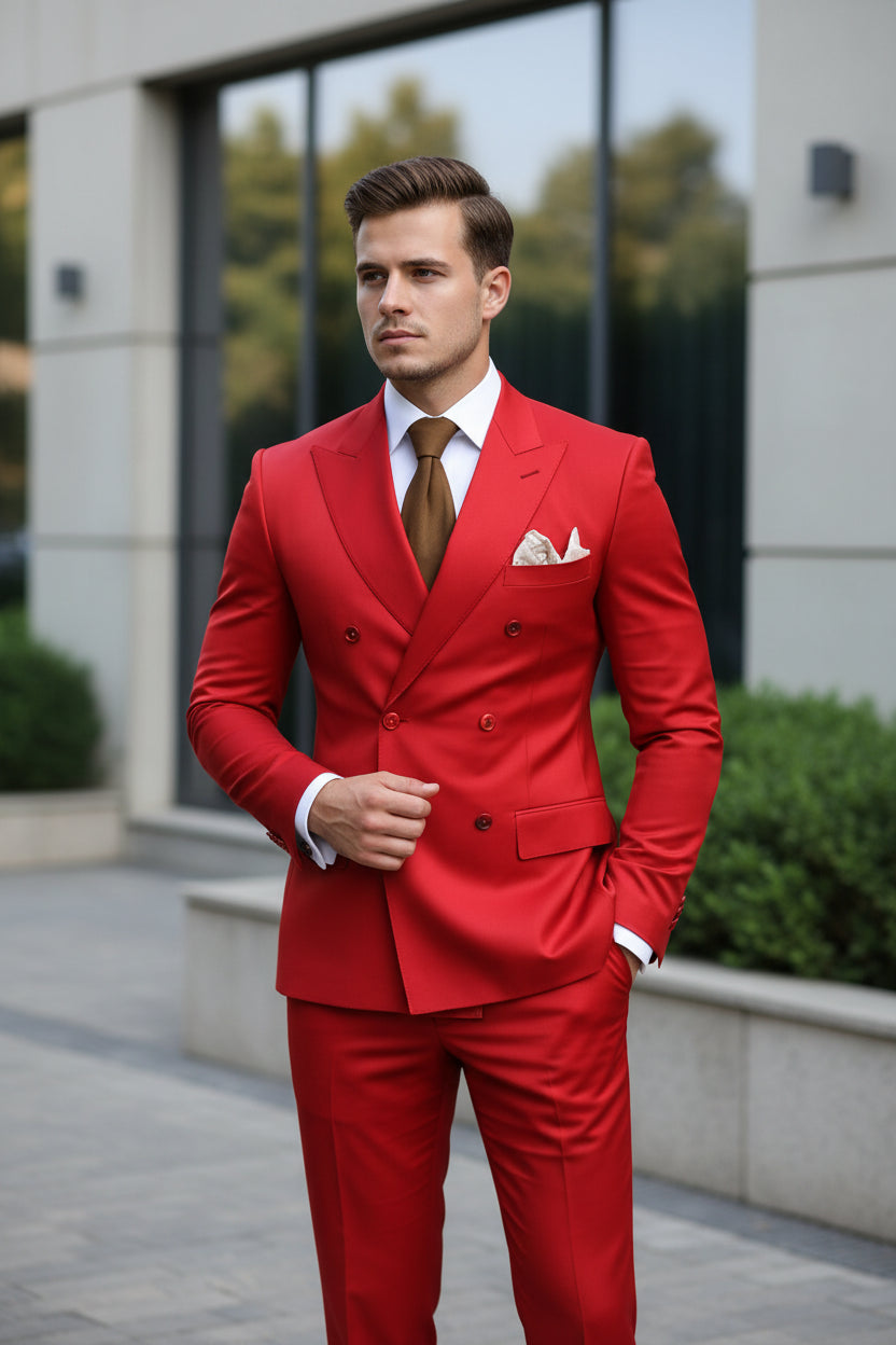 Red suit with a brown tie and white shirt on a dark background, featuring 'Customize Mens-Tuxe Store' text.