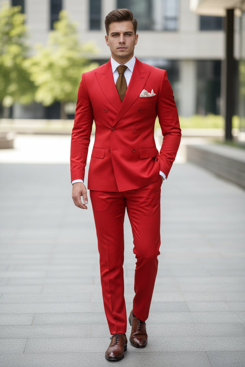 Red suit with a brown tie and white shirt on a dark background, featuring 'Customize Mens-Tuxe Store' text.