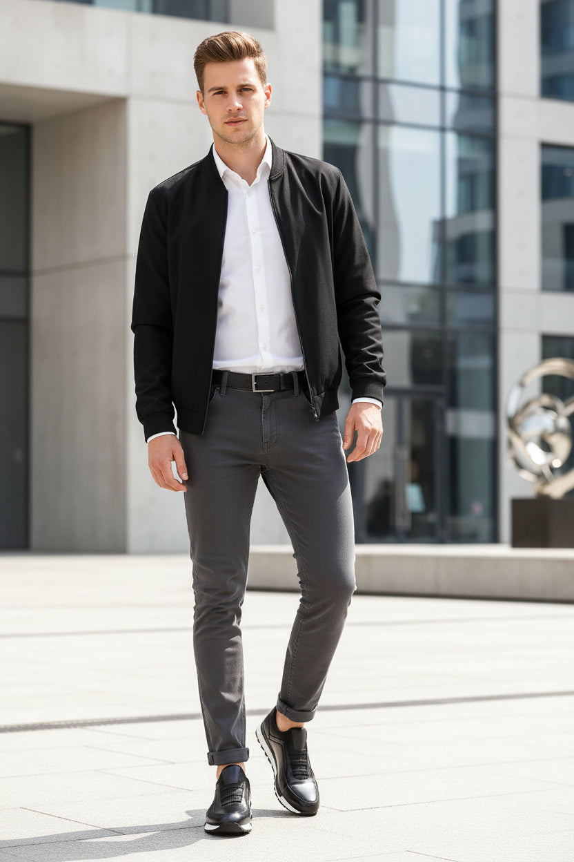 Black leather shoes with white soles on a white background