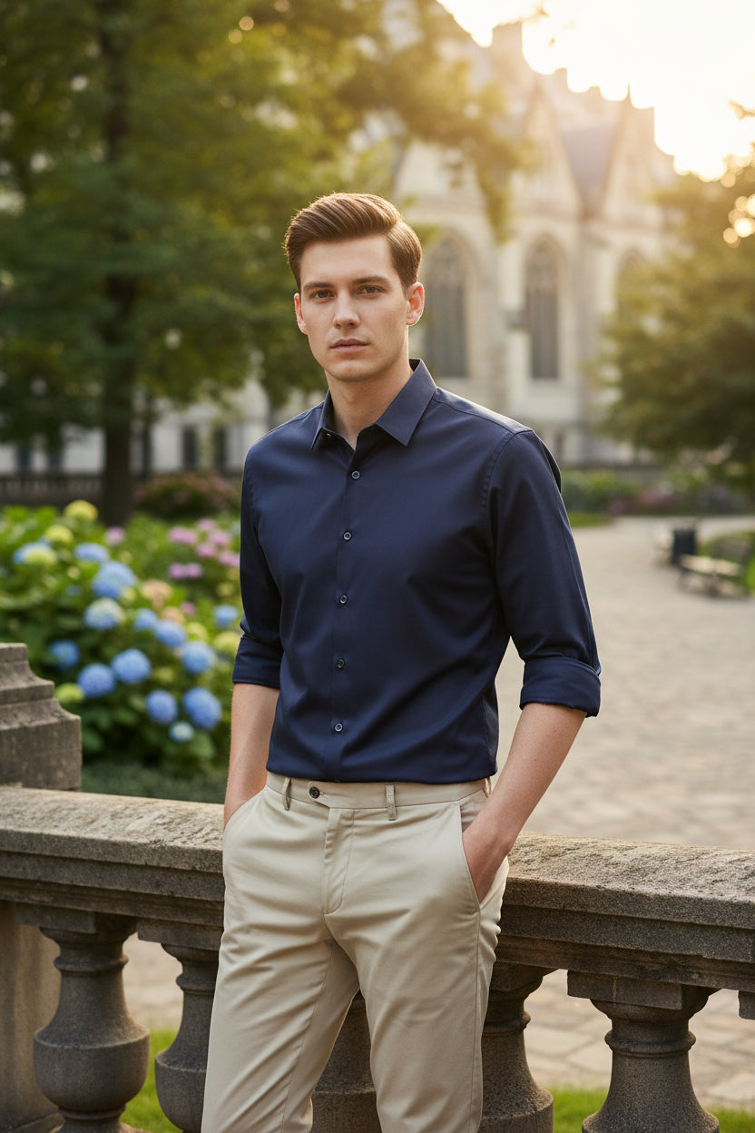 Navy blue shirt worn by a person on a black background