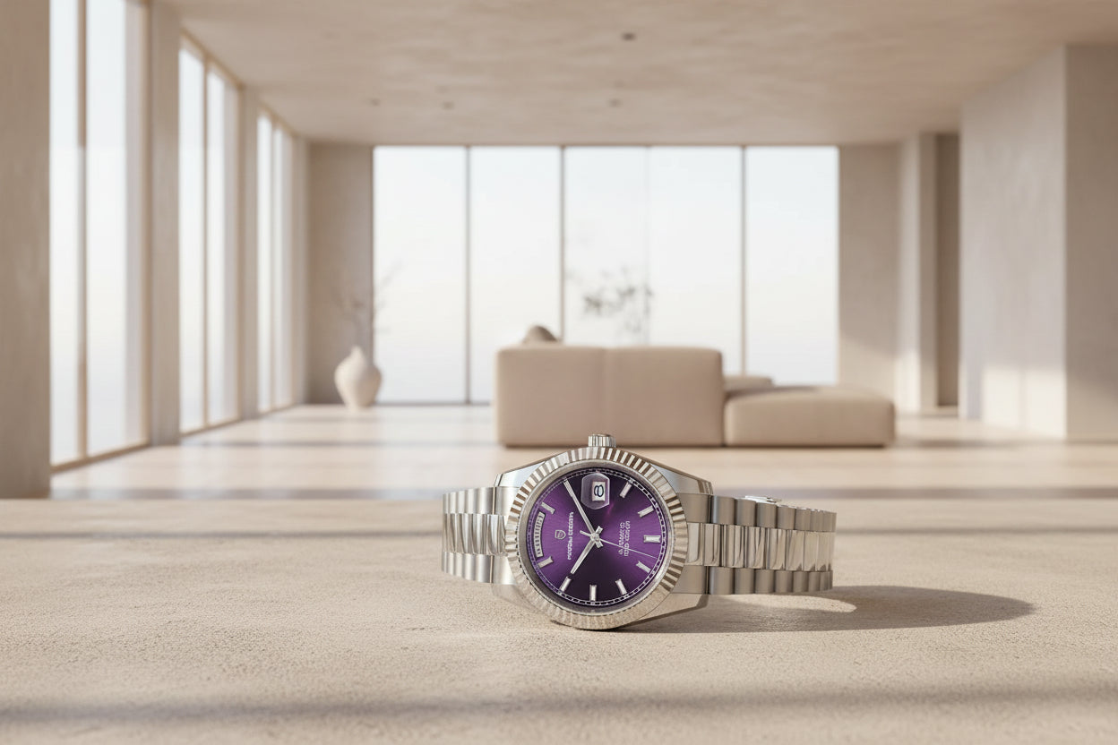 Pagani Design watch with purple face and silver metal strap on a white background