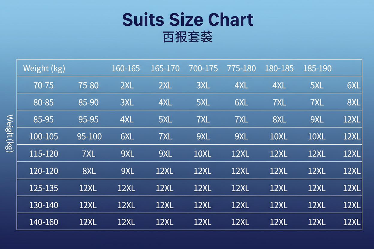 Suit size chart with weight and height measurements in both English and Chinese.