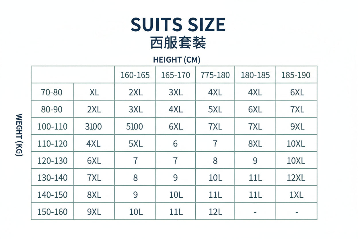 Suit size chart with weight and height measurements in both English and Chinese.