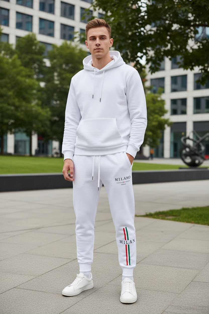 White sweatshirt and pants set with 'Milano Italia' text and flag design on a white background