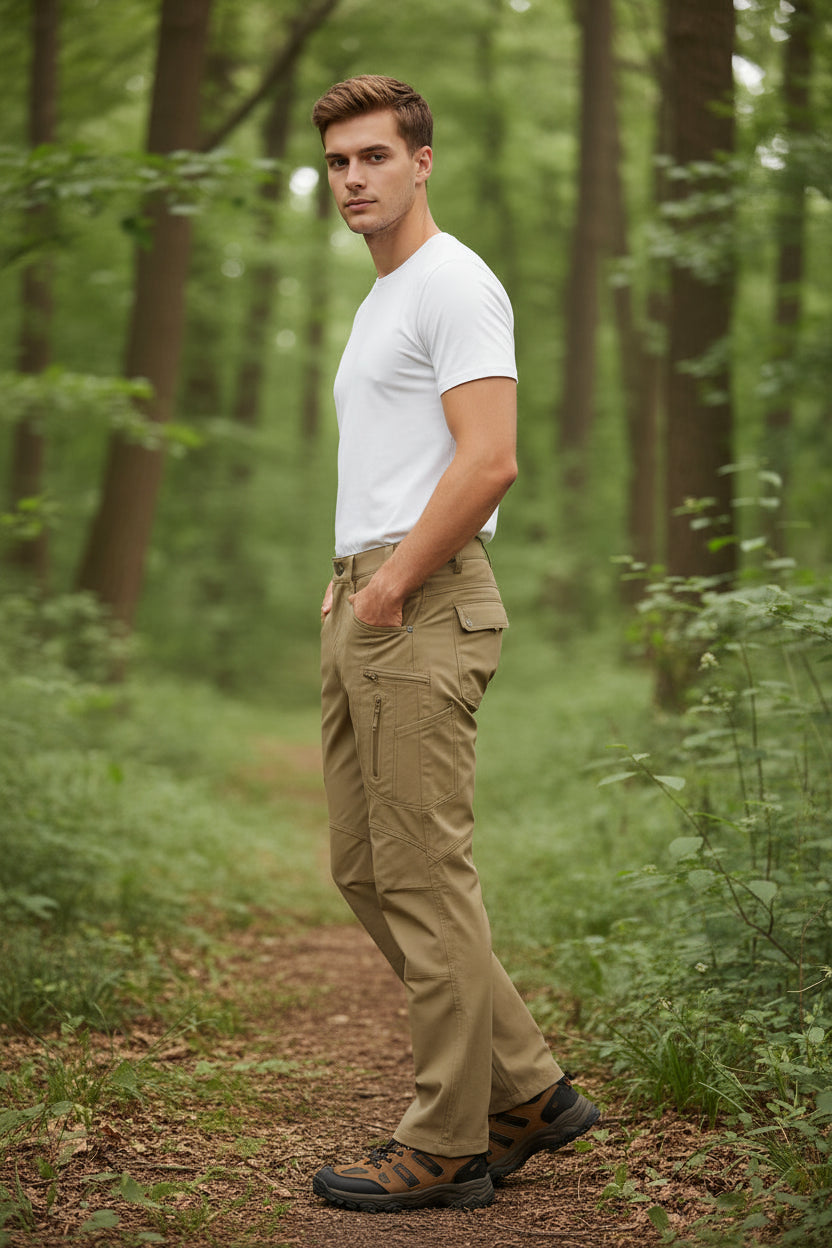 Beige pants worn by a person on a white background