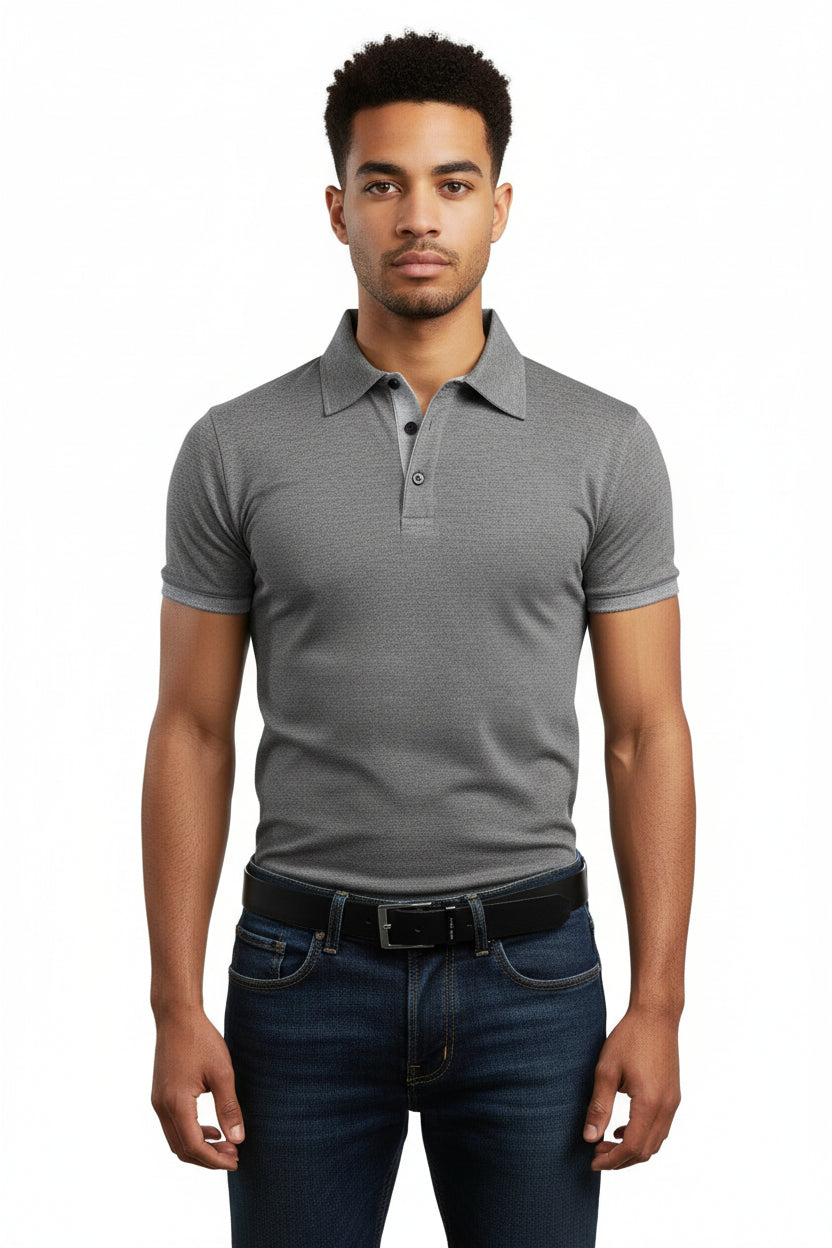 Man wearing a gray polo shirt on a white background