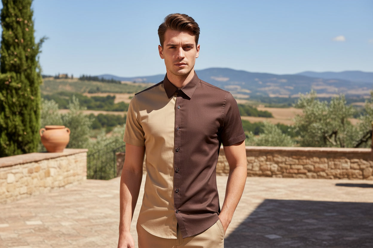 Two-tone brown and beige shirt with button details on a white background