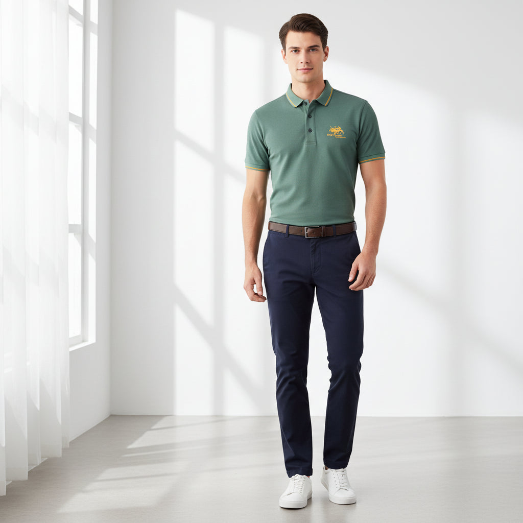 Green polo shirt with gold accents on a dark surface, featuring a brand logo.