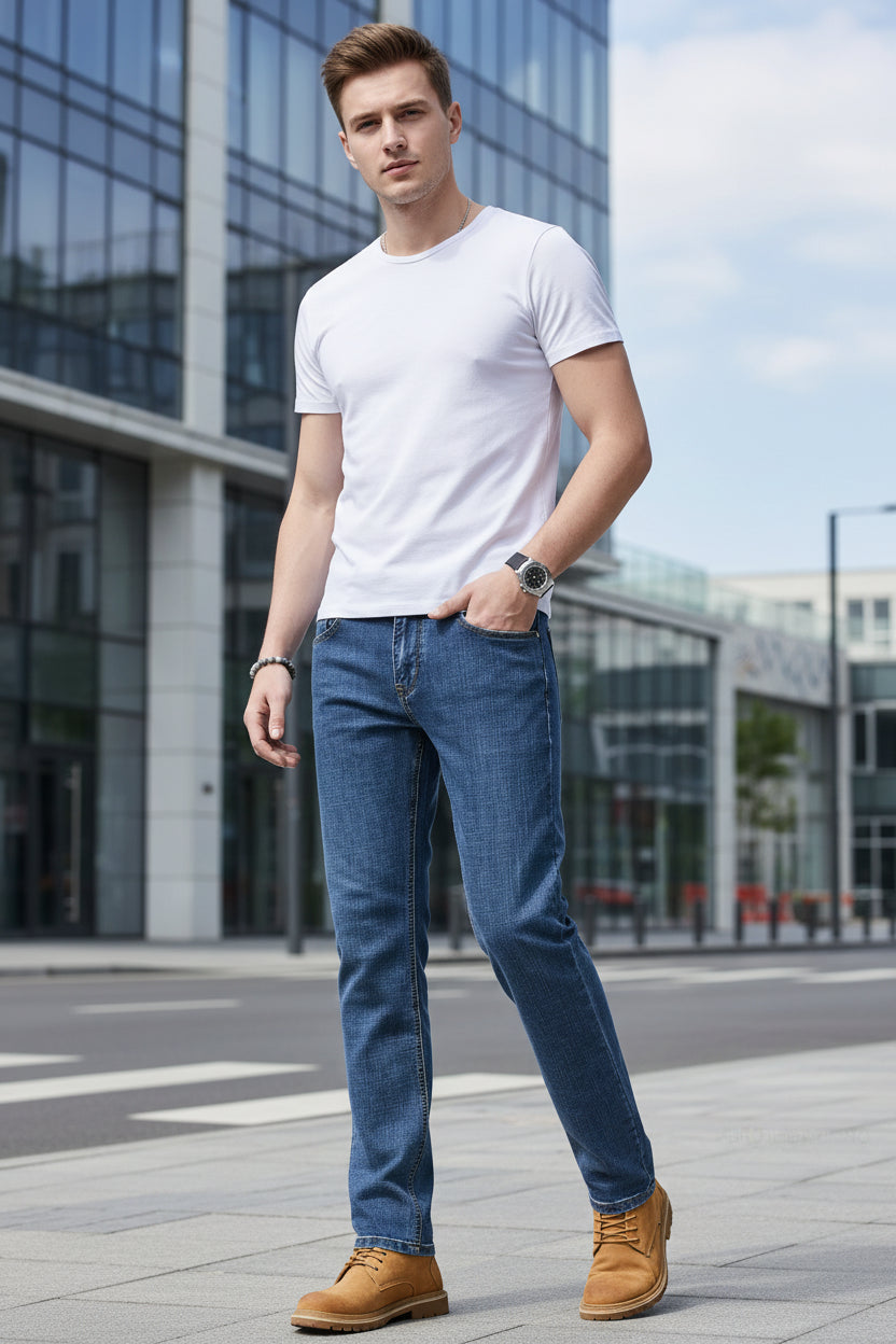 Person wearing blue jeans and brown boots on a gray background