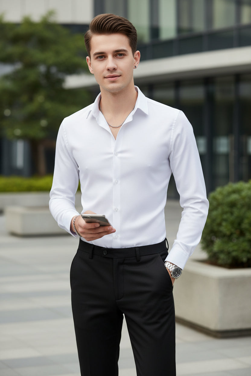 Man wearing a white dress shirt with rolled-up sleeves in a clothing store.