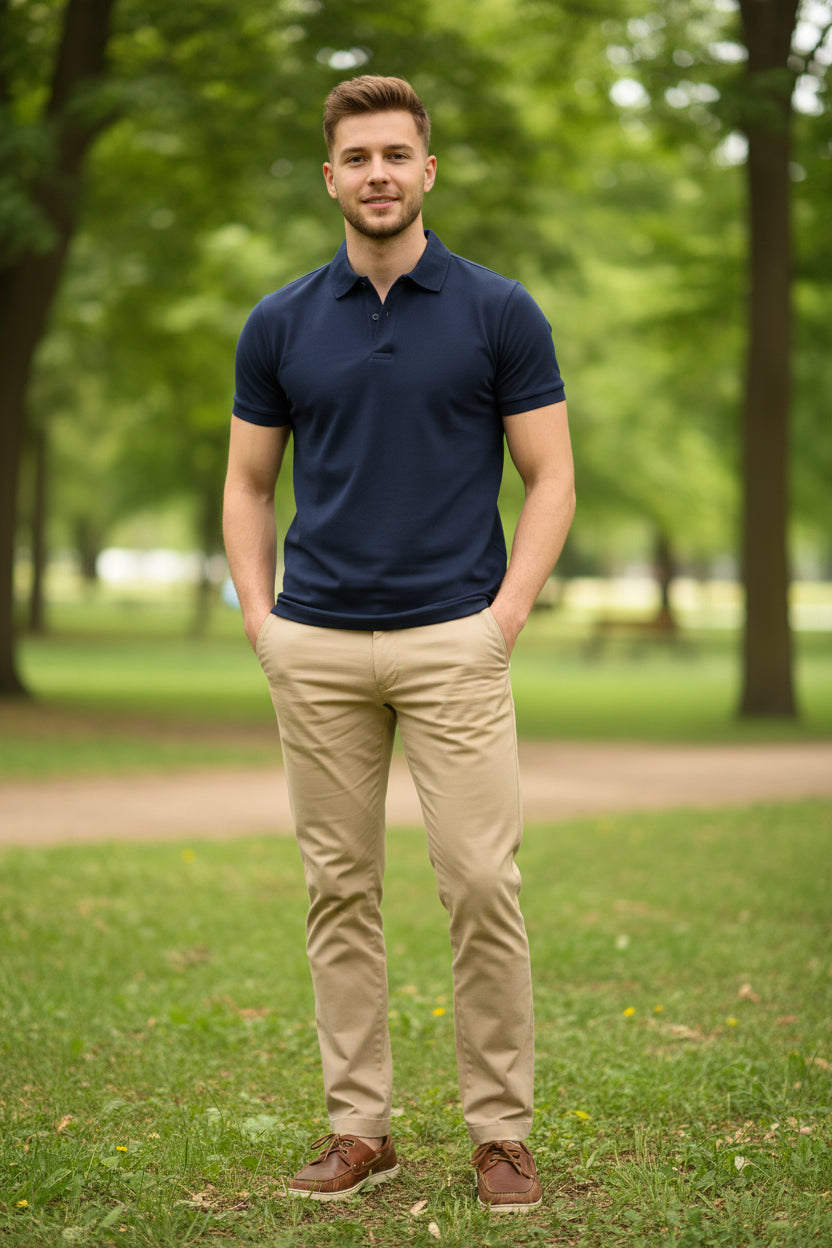 Man wearing a navy blue polo shirt with beige pants on a white background