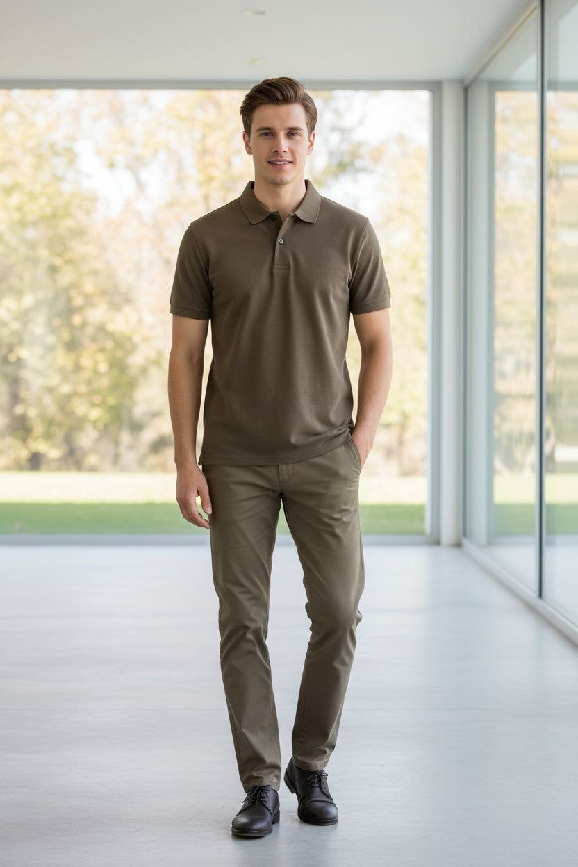 Brown polo shirt on a hanger with a hand touching it, against a white background