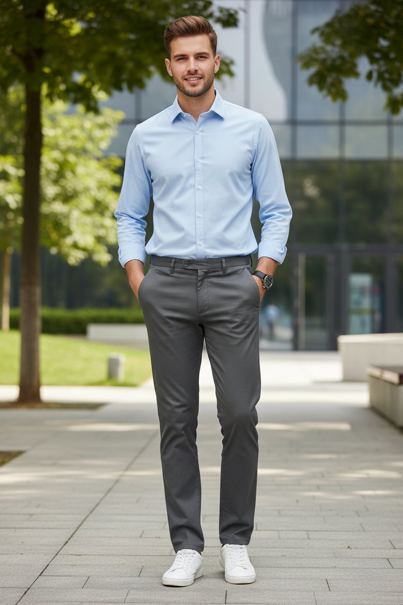 Gray pants shown from front and back on a gray background